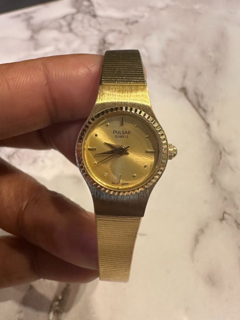Vintage Pulsar Womens Watch Gold Tone Small Dial 15MM New Battery 5.75 Inch